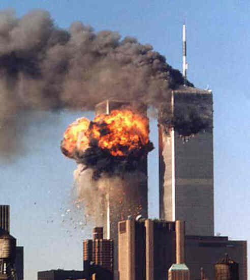 the twin towers burning